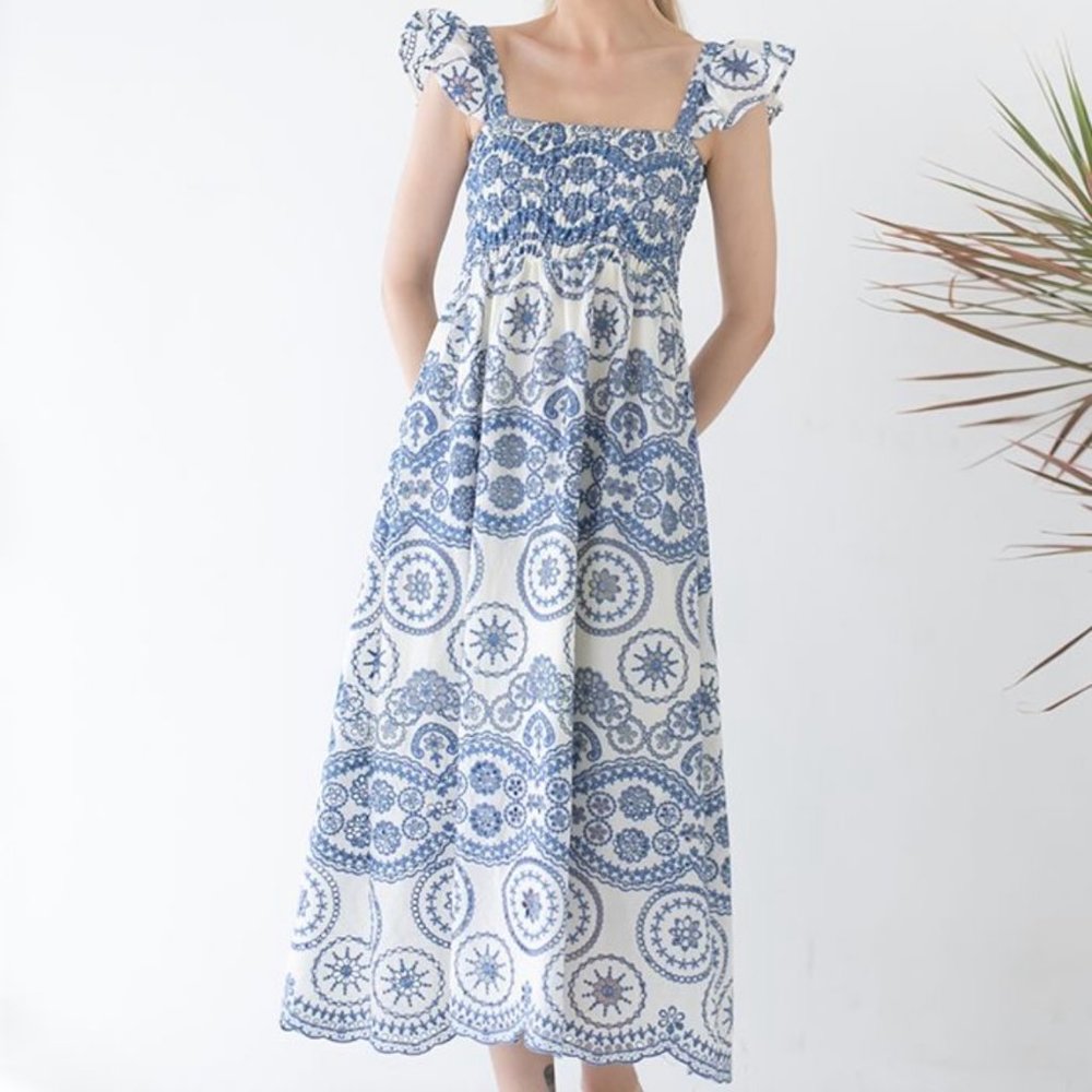 Blue & white eyelet midi dress